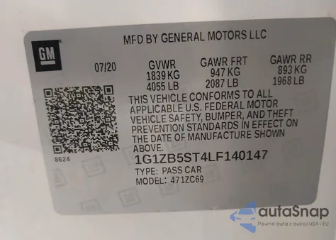 2020 Chevrolet Malibu Fwd Ls z USA, uszkodzony, nr VIN 1G1ZB5ST4LF140147